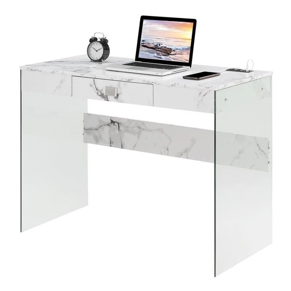 Convenience Concepts Soho 42 Inch Glass Desk With Charging Station R4-0488