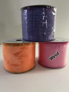 Lot 3 Spools Wired Ribbon 3" x 10 yds Ea Offray Linen Orange Pink Purple New - Picture 1 of 7