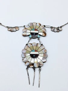 Zuni Sun face Semi-Precious Inlay Necklace Spiney Oyster M.O.P. Coral Turquoise - Picture 1 of 6