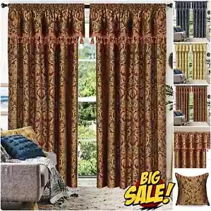 Par de cortinas de jacquard listas para usar totalmente forradas ojales plisados a lápiz con lazos traseros - Imagen 1 de 34