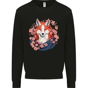A Japanese Kitsune With Flowers Fox Kids Sweatshirt Jumper - Picture 1 of 3