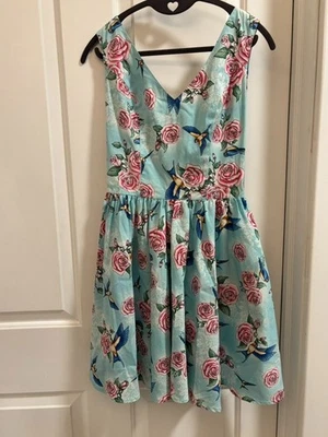 Hell Bunny London Rose Bird Fit & Flare Dress Size XS Vintage Pinup Style Blue - Image 1 of 4