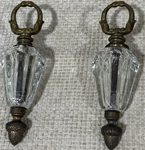 Pair of Large Vintage Glass & Brass Lamp Finials 7” Tall, 2.75” Faceted Crystal - Picture 1 of 15