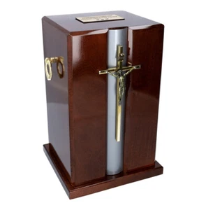 Beautiful Mahogany Wood Casket with Gold Cross and Handles Funeral Ashes Urn - Picture 1 of 9
