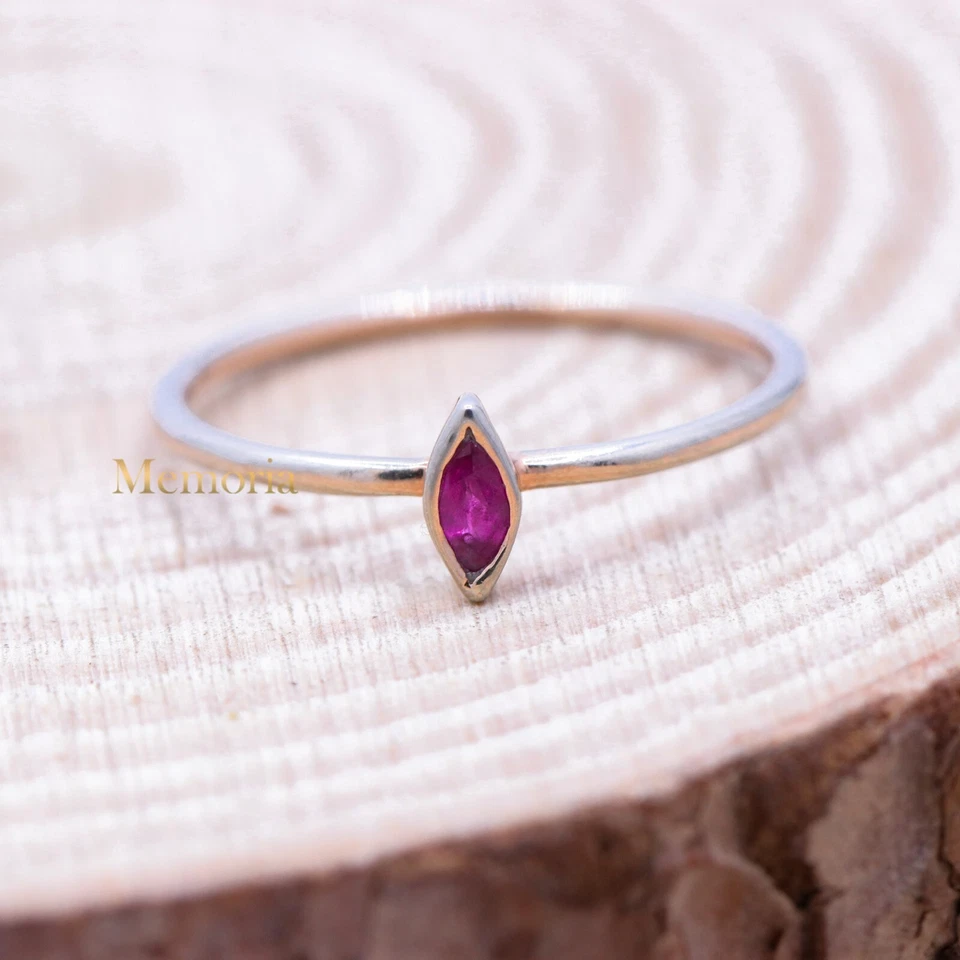 925 Argento Sterling Fatto a Mano Tiny Taglio Marquise Rubino di Findanzamento 6 - Immagine 1 di 1