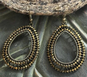 Bronze Marcasite Big Teardrop Hoop earrings for women. Dangle/drop Hook Fashion - Picture 1 of 4