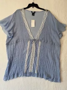 Studio 1940 hellblauer eleganter Damenpullover transparente Bluse mit Spitzenkanten, 26/28, neu mit Etikett - Bild 1 von 9