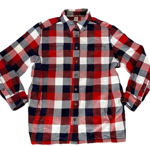Duluth Trading Shirt Mens L Red Blue Burlyweight Flannel Plaid Buffalo Shacket - Picture 1 of 8