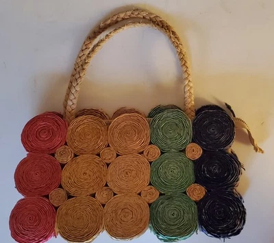 Cartera de paja rizada colorida de colección de los años 40 hecha en Japón con cierre de cremallera Foto 1 de 4