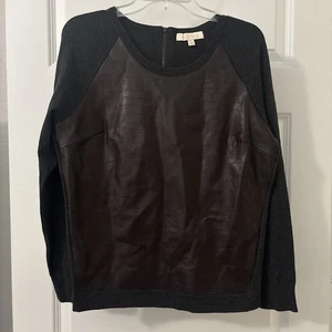 ETCETERA Leather Panel Sweater Gray Brown Long Sleeve SZ Large Crocodile Imprint - Picture 1 of 16