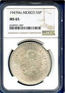 1947 Mo Mexico NGC MS65 Silver 5 Pesos S5P Cinco Pesos Cuauhtemoc Coin MS-65 - Picture 1 of 3