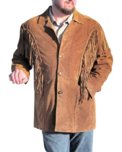 Chaqueta de Cita Para Hombres Vaquero Occidental Coñac Marrón Gamuza Cuero Flecos FJ62 - Imagen 1 de 5