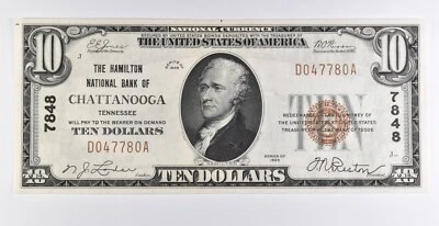 1929 $10 Chattanooga, TN US National Currency CH 7848 Brown Seal Unc *9744 - Image 1 of 3