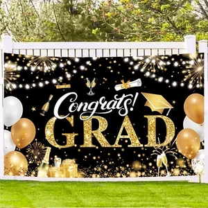 Graduation Banner 2025 Black and Gold - 72.8X43.3 Inch Congrats Grad Backdrop fo - Picture 1 of 7