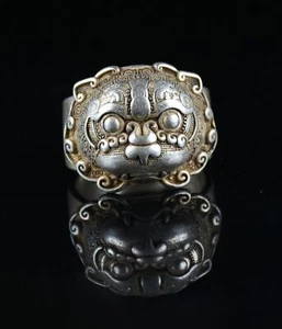 Anillo de Dedo Joyería Cabeza de Bestia León Feng Shui Plata Antigua China Miao 3CM Raro - Imagen 1 de 5