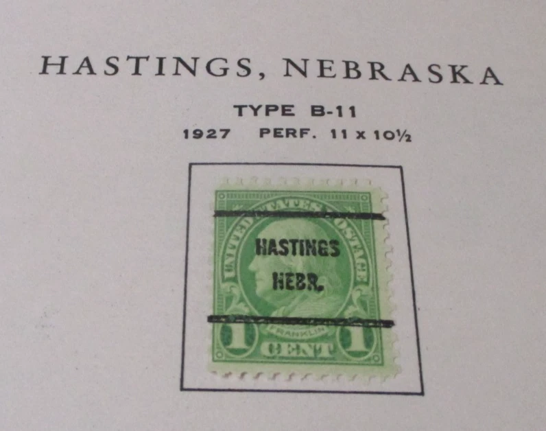 PRECANCEL STAMPS HASTINGS NEBRASKA TYPE B-11 1927 PERF 11 X 101/2 - Image 1 of 1