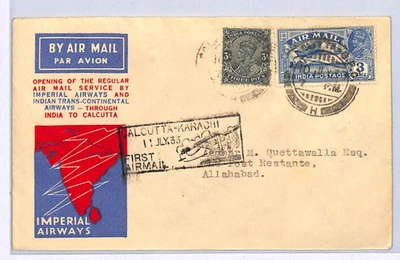 INDIA Air Mail Cover IMPERIAL FIRST FLIGHT Calcutta Karachi Allahabad 1933 WY25 - Image 1 of 4