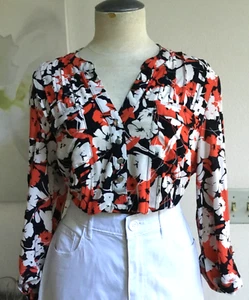 COCOMO Floral Printed Blouse Half Button Rolled 3/4 Sleeve Collared Spandex L - Picture 1 of 8