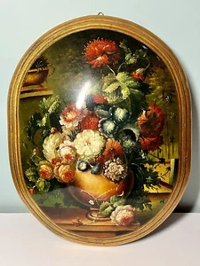 Natura morta floreale dipinto olio su tavola ovale convessa con bordo dorato 18,5" - Foto 1 di 9
