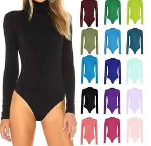 New Women's Turtle Long Sleeves Plain Polo Neck Leotard Bodysuit UK 8-26 - Picture 1 of 19