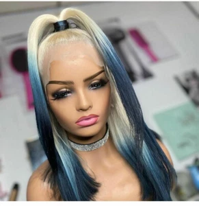 Long Straight Lace Front Wigs Blonde to Dark Blue Synthetic Wig Cosplay Fashion - Picture 1 of 12