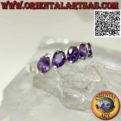 Anello in Argento 925‰ con cinque ametista di sintesi ovale incastonate in obliq - Immagine 1 di 4