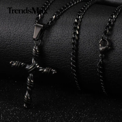 Collar Colgante Cruz Religiosa Vintage Cadena Acero Inoxidable Tono Negro Para Hombre Foto 1 de 4