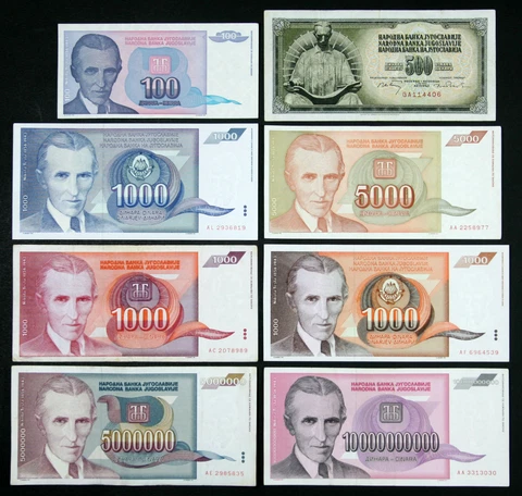 Yugoslavia - NIKOLA TESLA - SET of 8 Notes - Dinara 1978-1994 - (VF-AU) Cover