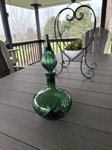 Empoli Optic Ribbed Glass Green Squat Genie Decanter 13.5” Bottle w/Stopper Vtg - Picture 1 of 11