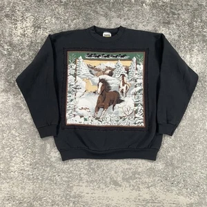 Vintage Wild Horses Sweatshirt Mens Large Black Winter Scene Crewneck 90s Tultex - Picture 1 of 14