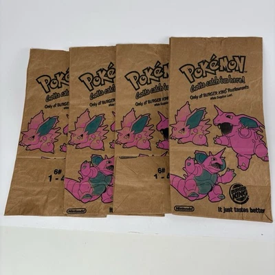 Lote de 4 bolsas de papel de comida vintage 1999 Pokemon Nidorino Burger King para niños Foto 1 de 4