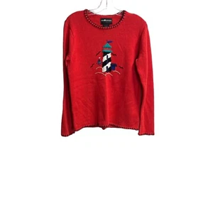 Vintage Sag Harbor Womens Sweater Petite Small Red Lighthouse Ramie Nautical - Picture 1 of 8