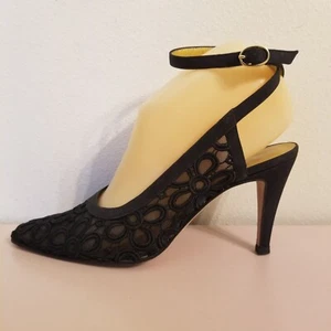 Escada 36.5 Black Embroidered Floral Ankle Wrap Heels Classy Formal 5.5 - Picture 1 of 10