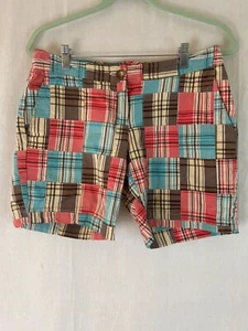 Izod Shorts 4 Madras Cotton Spandex Stretch Zip Front Flat Waist Pockets         - Picture 1 of 10