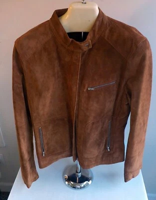 全新 FRONTIER 拉链前麂皮绒女式夹克-焦糖色-尺寸大号 — 第 1/4 张图片