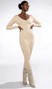 FASHION NOVA Deep V Long Sleeve Maxi Ribbed Dress Bodycon Womens Sz XL Ivory - Picture 1 of 7