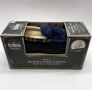 Totes Toasties Slippers Slip On Navy Plaid Memory Foam Shoe Mens Medium 8 - 9 - Picture 1 of 9