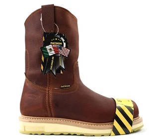MEN'S WORK BOOTS STEEL TOE PULL ON ROUND TOE SAFETY BROWN GENUINE LEATHER BOTAS - Picture 1 of 6