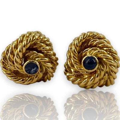 Vintage 1960s Tiffany & Co 18kt Yellow Gold Lab Sapphire Cabochon Knot Cufflinks - Image 1 of 4