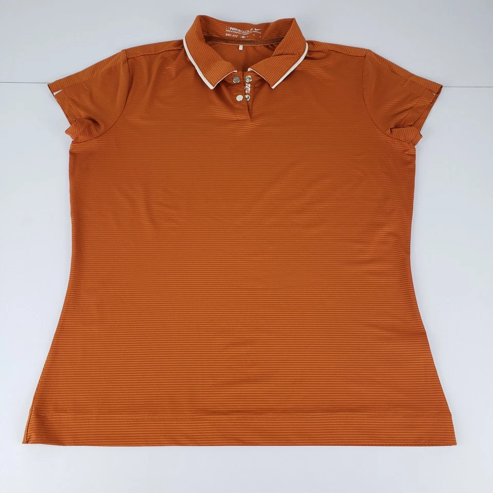 Camisa polo de golf Nike DRI-FIT para mujer mediana naranja quemado a rayas 1/4 botón a presión Foto 1 de 4