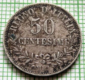 ITALY King Vittorio Emanuele II 1867 M BN 50 CENTESIMI, Small 0.835 Silver - Picture 1 of 6