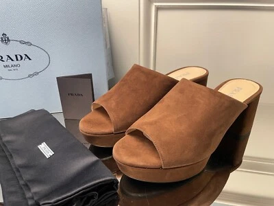 PRADA 1XP32A Women's Block Heel Platform Mule Slide Sandal Brown Suede Shoes - Image 1 of 4