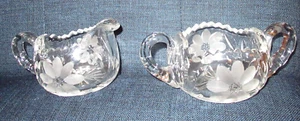 Vintage schwere Bleikristallglas Zuckerdose & Milchkännchen geätztes Design angewandte Griffe - Bild 1 von 22