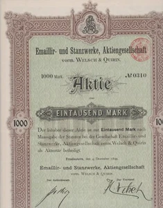 Emaillier- u. Stanzwerke, Aktiengesellschaft vorm. Welsch Aktie 1000 M, 1899 - Bild 1 von 1