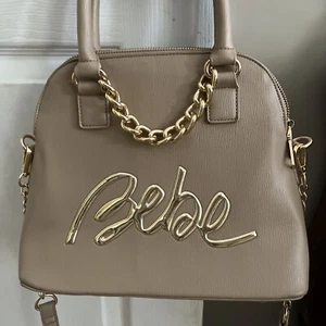 New Bebe Gianna Dome Satchel Crossbody Bag Beige Gold Elegant Purse MSRP $129 - Picture 1 of 8