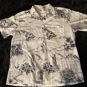 Vintage Howie Hawaiian Aloha Shirt Mens XL Made in Hawaii Island Map White Blue - Picture 1 of 3