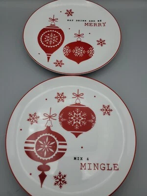 2 Macys The Cellar Holiday Christmas  Plates 8.75" Mix Mingle Merry Red & White - Image 1 of 4