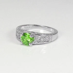 Natural Peridot Ring Sterling Silver 925 with Diamonds / Round-Shaped - Picture 1 of 3