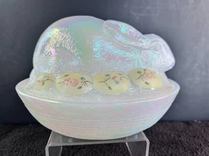 Fenton Bunny Rabbit on Nest Hand Painted Lauderman Carnival White Glass - 4683 - Picture 1 of 9