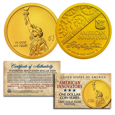 American Innovation Stateh $1 Dollar US Coin - 2018 1st Release plated 24K GOLD Cover